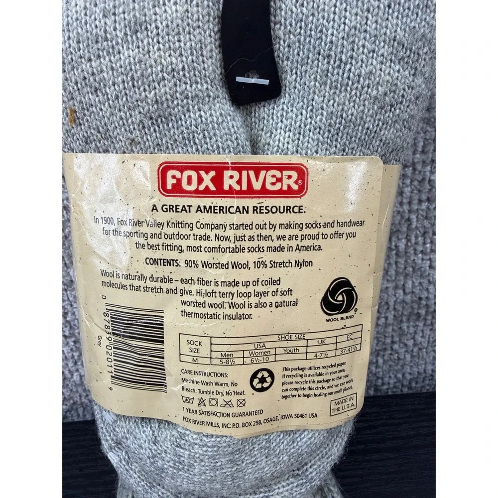 Vintage Fox River Hike & Camp Socks Men M Grey Wool Blend Backpacker Made in USA